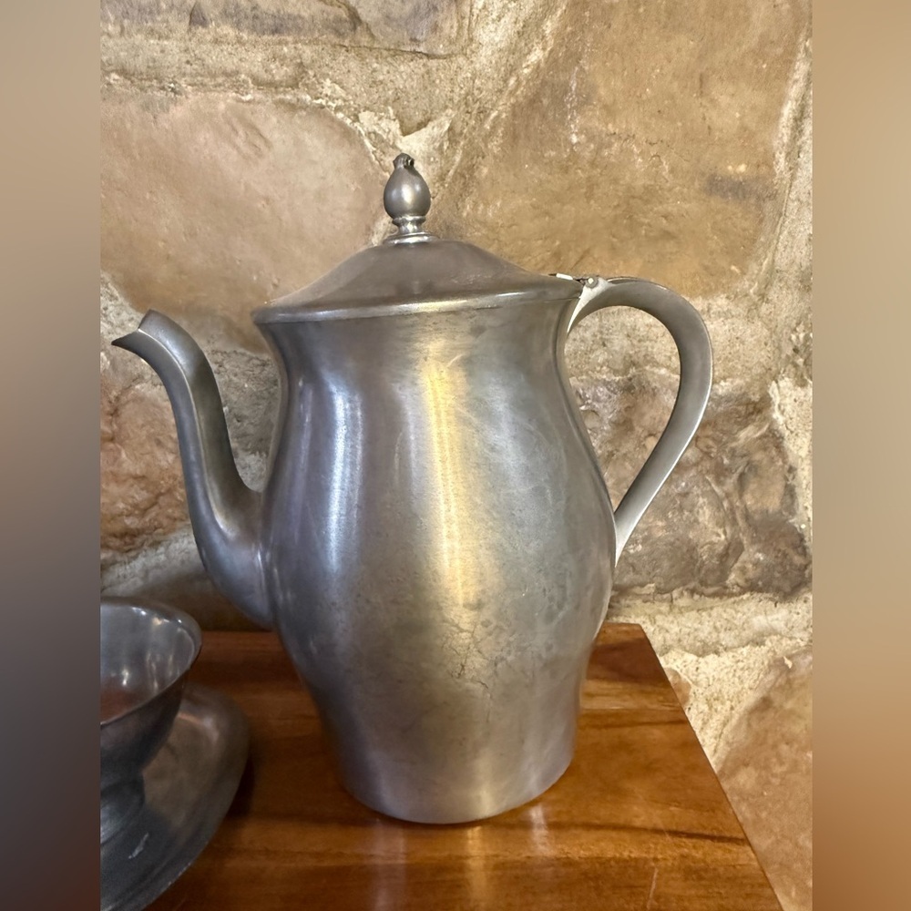 Vintage International Pewter Tea Set 4pc Coffee Pot Creamer Sugar Tray Mid Cen - Picture 7 of 12